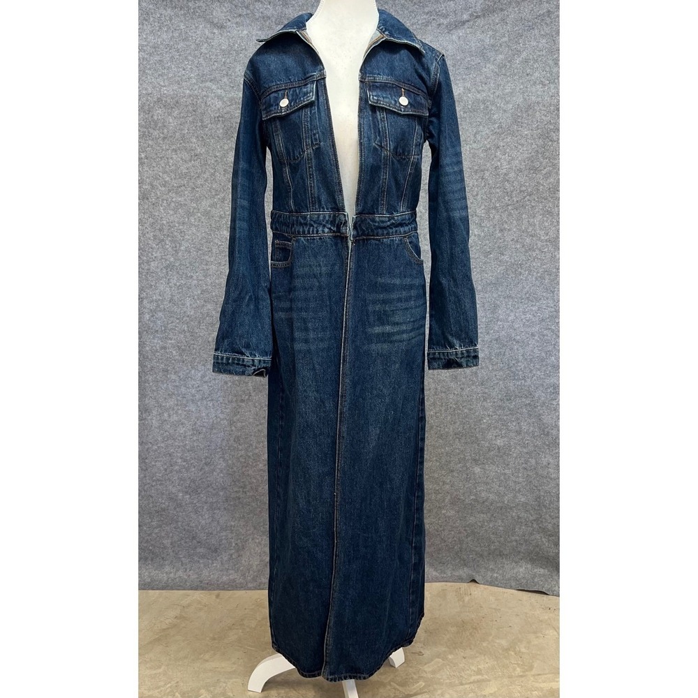 Fashion Nova Long Dark Blue Denim Trench Coat Maxi Jumpsuit Style Medium Wash XS